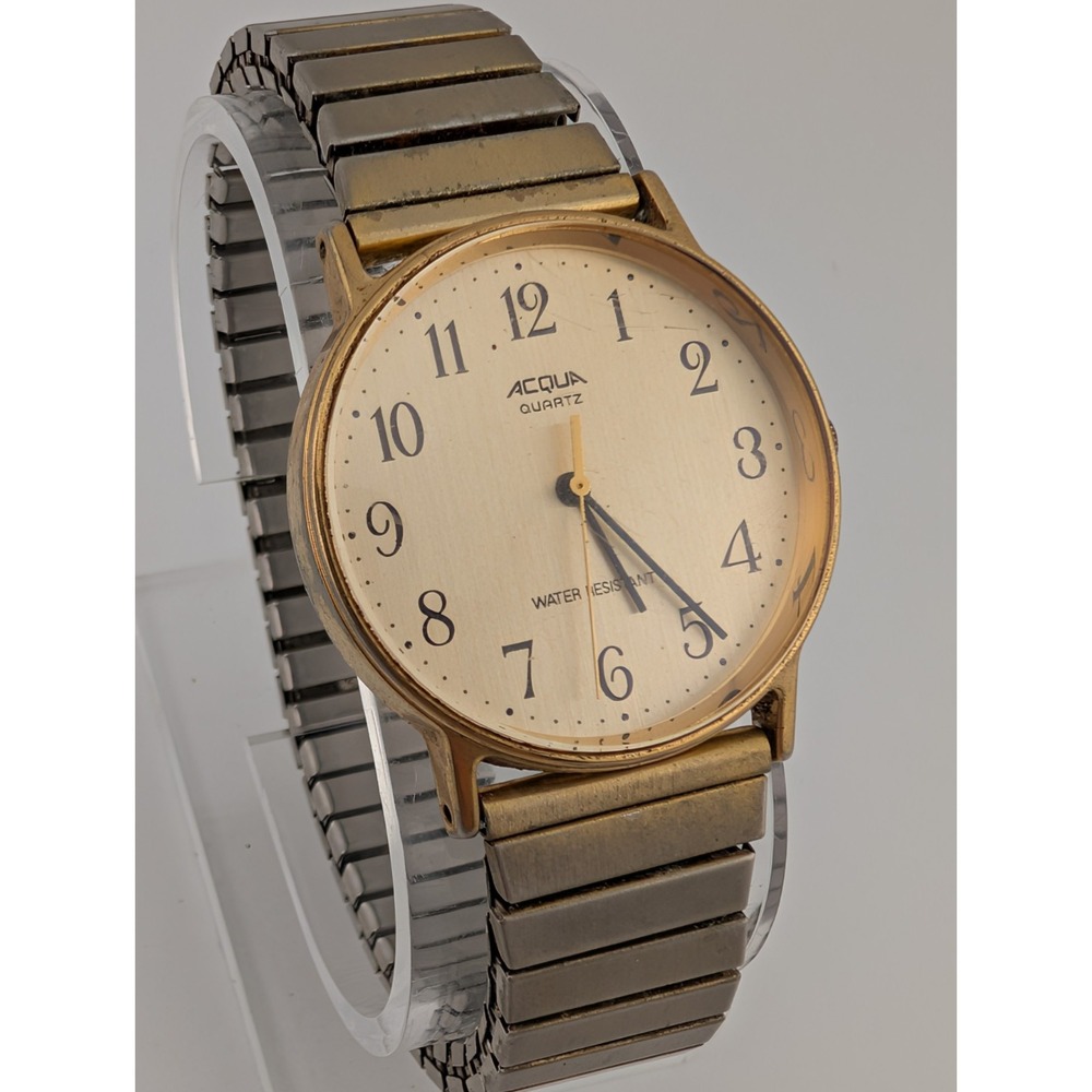Vintage Acqua Easy Reader Quartz Watch 32mm Case Gold Stretch Band- New Battery